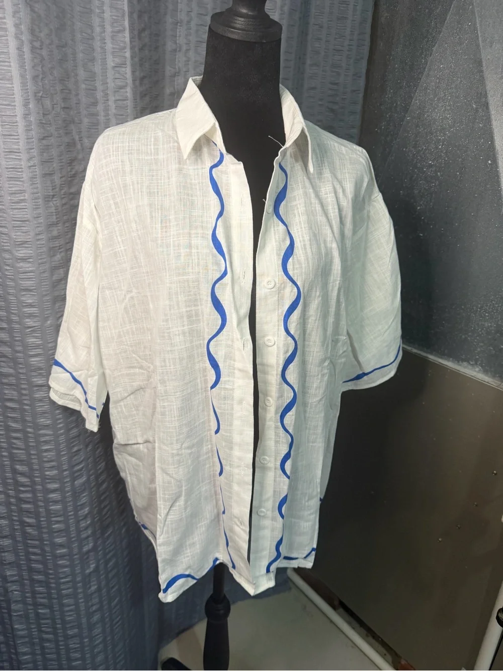 White Short-Sleeve Set with Blue Trim - women